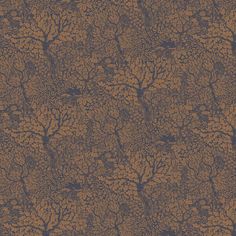 a brown and blue wallpaper with leaves on it's sides, in the shape of trees