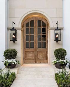 an entrance with two potted plants next to it