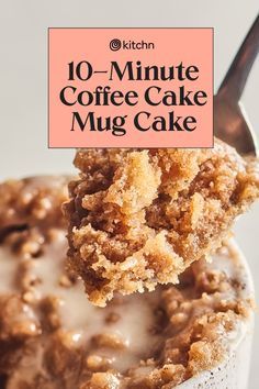 a close up of a fork in a mug cake with the words 10 minute coffee cake