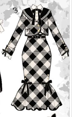 an image of a woman's dress and hat in black and white checkerboard