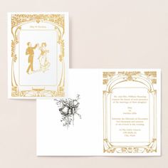 the wedding card is in gold and white with an image of a man holding a woman's head