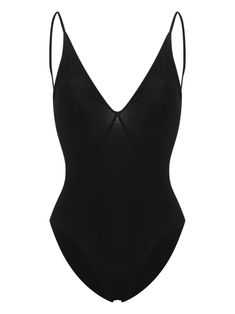 black stretch-design seam detailing plunging V-neck sleeveless spaghetti straps open back full lining slip-on style Be mindful to try on swimwear over your own garments. Sleek Seamless V-neck Swimwear, Chic Evening Swimwear With Underwire, Chic Underwire Swimwear For Evening, Elegant Black Bodysuit With Spaghetti Straps, Elegant Summer Bodysuit With Spaghetti Straps, Elegant Swimwear With Built-in Bra Minimal Stretch, Seamless V-neck Shapewear Swimwear, Elegant Black Seamless Swimwear, Elegant Black Bodysuit With Adjustable Straps