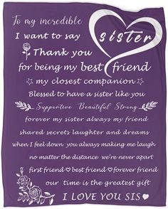 a purple blanket with the words sister written in white on it, and a heart - shaped