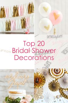 the top 20 bridal shower decorations are in pink, gold and white colors with balloons