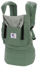 the baby carrier is green and grey