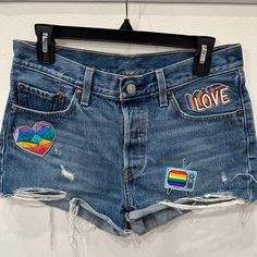 I Got Crafty And Made A Lot Of Clothing! These Are Fun Custom-Made Upcycled Levi Denim Jean Shorts. I Took Existing 501 Levis And Added New Cool Patches. Definitely One Of A Kind! Multicolor Denim Bottoms With Patches, Trendy Blue Levi's Jean Shorts, Trendy Levi's Blue Jean Shorts, Trendy Denim Bottoms With Patches, Casual Denim Blue Bottoms With Patches, Multicolor Denim Jean Shorts, Trendy Summer Bottoms With Patches, Trendy Multicolor Denim Jean Shorts, Casual Rainbow Bottoms For Pride