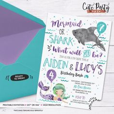 the mermaid and dolphin birthday party is set up in an envelope with its matching card