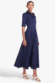 STAUD JOAN MAXI DRESS NAVY Elegant Button-up Cotton Maxi Dress, Elegant Cotton Button-up Maxi Dress, Elegant Navy Button-up Dress, Elegant Navy Cotton Dress, Fitted Maxi Length Cotton Shirt Dress, Fitted Cotton Maxi Shirt Dress, Navy Button-up Dress For Work, Navy Button-up Workwear Dress, Cotton Fitted Maxi Dress For Work