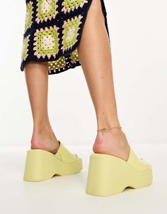 Shoes by ALDO Sun's out, toes out Slip-on style Open toe High wedge heel Leather Trend, High Wedges, Yellow Leather, Pastel Yellow, Accessories Branding, Leather Fashion, Wedge Heels, Smooth Leather, Wedge Sandals