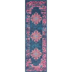 a blue and pink runner rug with an ornate design on the bottom, in front of a