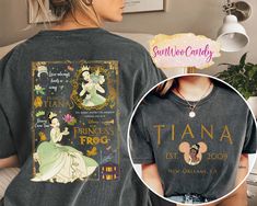 the back of a woman's tshirt with an image of princess and frog on it