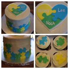 four different pictures of cupcakes decorated with puzzle pieces