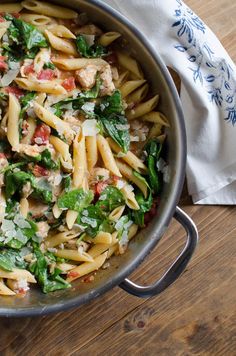 three pictures show different types of pasta and vegetables in a skillet, including spinach