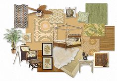 a collage of furniture and wallpapers including a bed, chair, desk, table