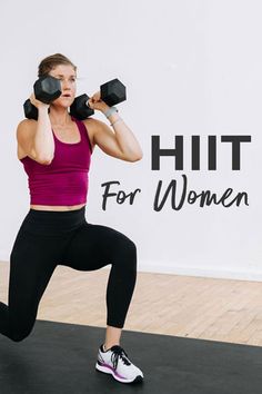 a woman doing squats with two dumbbells in front of her and the words hit for women above her