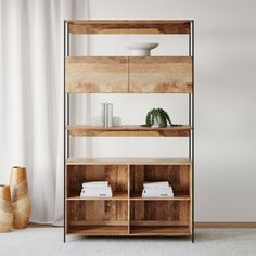 a wooden shelf with some books on it