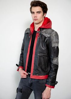 Red Hood Leather Jacket | Order Now! The Red Hood, Grey Leather Jacket, Varsity Letterman Jackets, Aviator Jackets, Letterman Jacket, Red Hood, Layering Outfits, Denim Jacket Men, Tracksuit Women