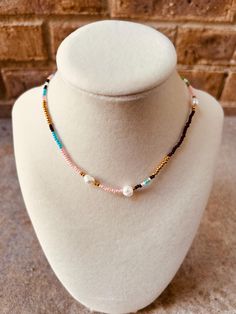 Very colorful choker with gold accents and freshwater pearls. Colorful Beaded Pearl Choker, Colorful Pearl Beaded Choker Necklace, Pearl Choker With Colorful Round Beads, Colorful Beads Pearl Choker Necklace, Colorful Beaded Pearl Choker Necklace, Pearl Choker Necklace With Tiny Beads, Colorful Choker, Crystal Lake, Choker Necklaces