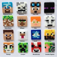 the different types of perler beads are shown in this image, and each has an individual character on it