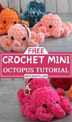 crochet mini octopus keychain with text overlay