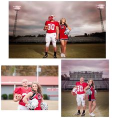 three pictures of people in football uniforms and one is holding a ball while the other holds a glove