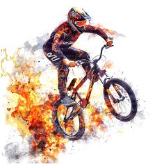 a man riding a bike on top of a fire covered ground with flames behind him