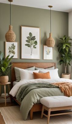 a bed sitting in a bedroom next to a window with potted plants on it