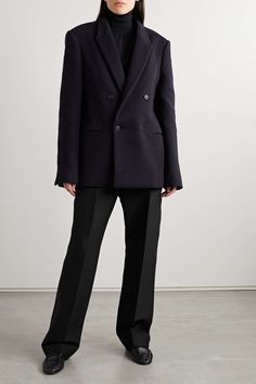 THE ROW Hector wool and silk-blend straight-leg pants | NET-A-PORTER Tuxedo Styles, Fits Inspiration, Pants Tailored, Rowing Blazers, Classic Tuxedo, Total Black, Girls Outfits, Women Outfit, Wool Suit