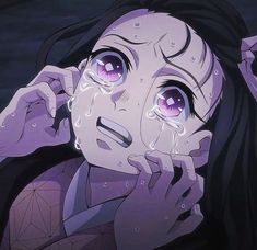 an anime character with purple eyes holding her hand up to her face