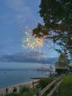 fireworks are lit up in the night sky over the water and beach as people watch