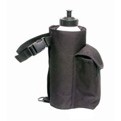 a green water bottle with a strap around it's neck and an open pouch on the side