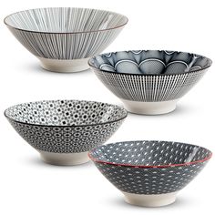 three bowls with different designs on them