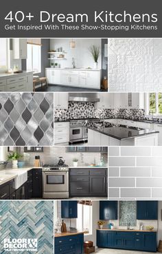 the kitchen is decorated in blue and gray tones with white tile backsplashes