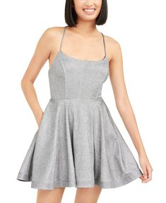 Back zipper closure and lace-up tie | Scoop neckline; Fit & flare silhouette | Virtue bonded with glitter; hip pockets; bra cups Midnight Blue Dress, Mock Dress, Lace Back Dresses, Contrast Dress, Sundress Dress, Dress Silver, Short Cocktail Dress, Flare Mini Dress, Review Dresses