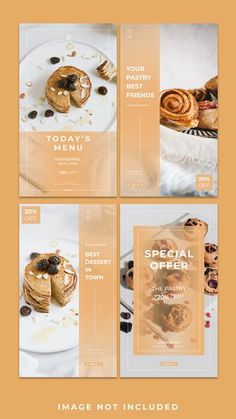 four different menus with pastries on them and the words special offer written in gold