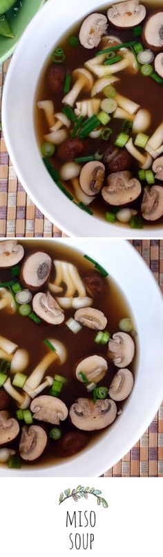 two pictures of soup with mushrooms and broth