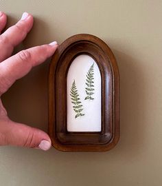 a person holding a small wooden frame with a green plant on it's side