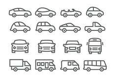 different types of cars and trucks line art icon set on white background stock photo - premium royalty