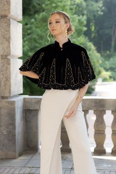 Stella Velvet Embellished Capelet Black Velvet Cape Outfit, Capelet Outfit, Velvet Poncho, Cape Outfit, Elegant Food, Velvet Cape, Cape Tops, Food Stations, Velvet Shorts