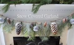 a fireplace decorated for christmas with pine cones and fircones hanging from the mantel