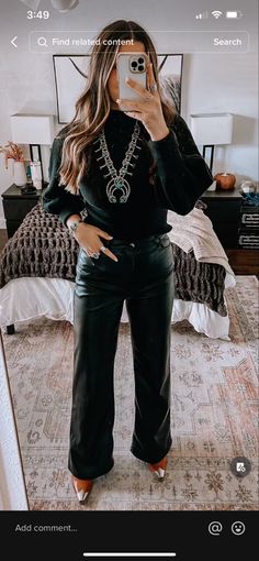 Leather Pant Western Outfit, Western Outfits Business Casual, Western Formal Wear For Women, Western Outfits With Leather Pants, Western Style Work Outfits, Women Dressy Casual Outfits, Casual Work Christmas Party Outfit Jeans, Womens Nfr Outfits, Leather Pants Outfit Western