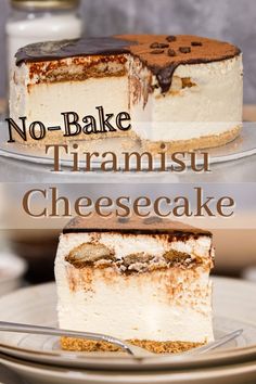 no - bake tramsu cheesecake on a plate with the rest of the cake in the background