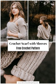 the crochet scarf with sleeves is shown in three different photos and has text overlay