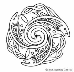 a black and white drawing of a swirly ball with leaves on the side, in an abstract manner