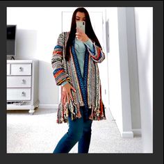 Bohemian Woven Pattern Jacket With Intricate Ethnic Jacquard Trim At Hem Nwt Spring Fair Isle Pattern Outerwear, Casual Multicolor Fringed Outerwear, Casual Multicolor Fringe Outerwear, Bohemian Multicolor Outerwear For Fall, Multicolor Bohemian Outerwear For Fall, Bohemian Long Sleeve Outerwear With Boho Print, Bohemian Long Sleeve Fringe Outerwear, Long Sleeve Boho Print Outerwear For Fall, Multicolor Fringe Winter Outerwear