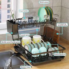 an organized dish rack with dishes and utensils in it, labeled on the side