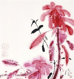 a painting with pink flowers and black leaves on it's back side, in front of a white background