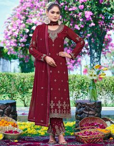 sleek maroon georgette designer party wear heavy salwar suit collection with maroon santoon rt8948-184958 Front View Festive Georgette Traditional Wear With Long Sleeves, Red Embroidered Palazzo Set For Celebration, Festive Long Sleeve Georgette Traditional Wear, Traditional Festive Suits With Intricate Embroidery, Embroidered Red Palazzo Set For Celebration, Semi-stitched Embroidered Sets In Chinon, Festive Embroidered Georgette Set, Semi-stitched Embroidered Georgette Sets, Traditional Festive Suits With Dupatta