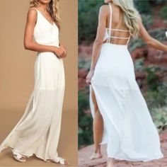 This Is The Ultimate Easy-Breezy-Dreamy Vacation Or Beach Wedding Dress!! A Surplice Rayon Bodice With A Plunging V-Neckline Meets A Strappy, Open Back And An Elastic Waistband. Lightweight Woven Rayon Maxi Skirt Is Flowy & Billowy And Has Sexy Slits Along Each Side. Lined To Mid-Thigh. Shell: 100% Rayon. Lining: 100% Polyester. Hand Wash Cold. Line Dry. Imported. Style 967282 Color : White Please Note Slight Discoloration At Waist (See Photos) Size Xs Length, Measured From Waist Band To Floor 4 Fitted Summer Maxi Dress With Side Slits, Summer Vacation Dresses With Split Design, Summer Vacation Dress With Split Design, Summer Maxi Dress With Split Design For Day Out, Summer Maxi Dress With Split Design, Backless Beach Maxi Dress With Split Design, Backless Maxi Dress With Split Design For Beach, White Chiffon V-neck Maxi Dress, Summer Floor-length Dress With Split Design