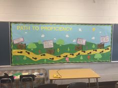 an empty classroom with desks and chairs in front of a sign that says path to efficiency